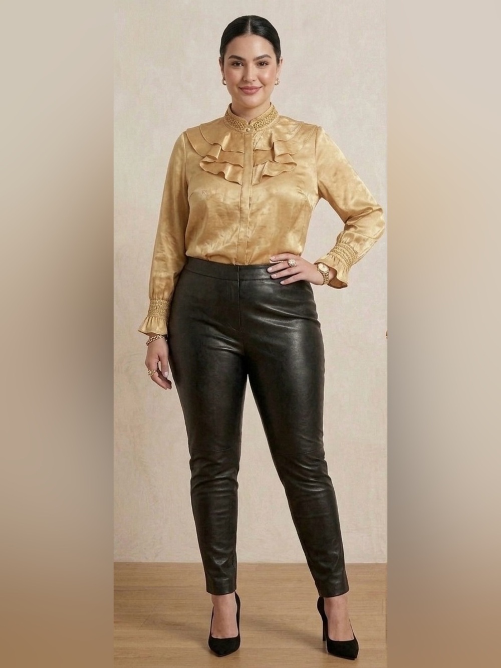 NWOT Satin Ruffle-Neck Blouse in Gold